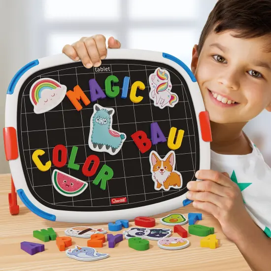 Quercetti: Magnetic Tablet - Double-Sided Magnet-White Board, Letters-Animals-Food Themed Magnets, Spelling Learning Tool, Educational Toy, Kids 4+ {7}
