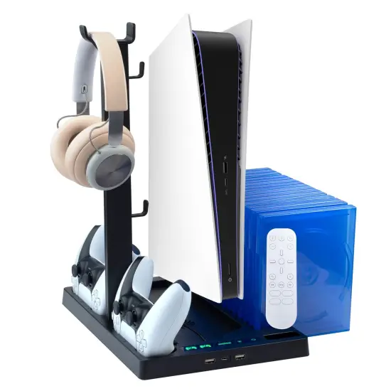 For PS5 Stand and Cooling Station with Dual Controller Charging Dock Charger, Cooling Fan, Headphone Holder, Video Game Storage, USB Hub Black {1}