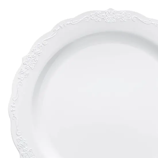 White with Silver Vintage Rim Round Disposable Plastic Appetizer/Salad Plates - 7.5" (120 Plates) {1}