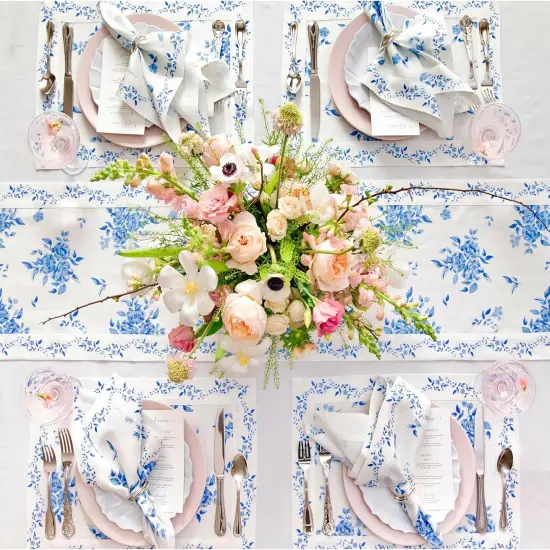 Blue Spring Floral Table Runner 48 inch - 100% Pure Linen Table Runner 14 x 48 Inch for Easter, Mothers Day, Summer - Handcrafted and Machine Washable - Jolie Fleur Print {4}