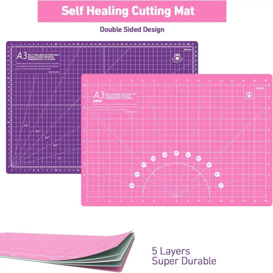 Rotary Cutter Set - 45mm Fabric Cutter, 5 Replacement Rotary Blades, A3 Cutting Mat, Quilting Ruler and Sewing Clips, Craft Knife Set, Ideal for Crafting, Sewing, Patchworking, Pink {4}