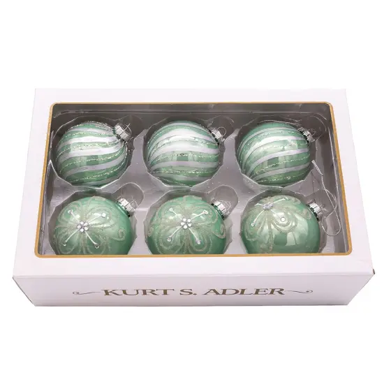 Kurt Adler 80MM Silver and Pale Aqua Embellished Ball Ornaments, 6 Piece Set {5}