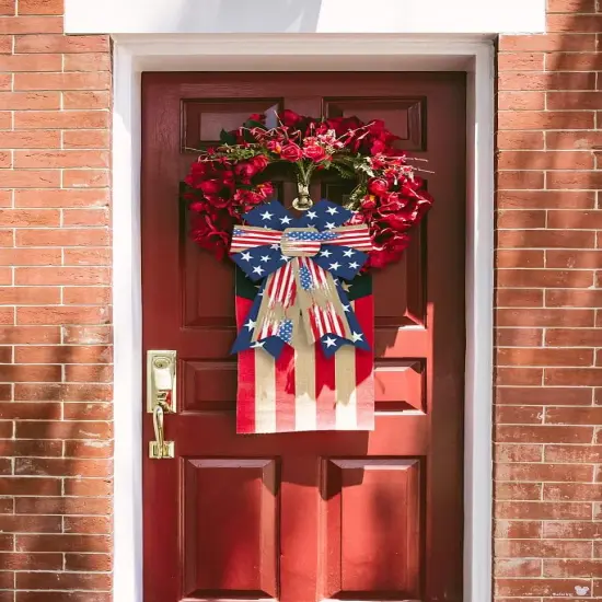 2pcs Patriotic Bows for Wreath, Memorial Day Wreath Bows 4th of July Burlap Bows for Front Door, Red White America Flag Blue Patriotic Star Tree Topper Bow for Indoor Outdoor Decoration {4}