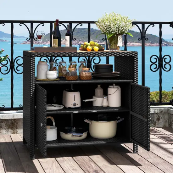 Costway Patio Rattan Storage Cabinet with Acacia Wood Countertop Open Shelf 2 Door Cabinet Black/Mix Brown {9}