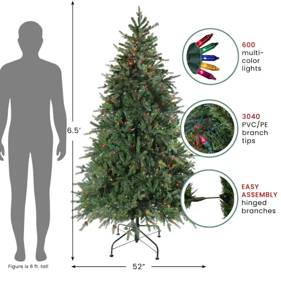 Northlight Real Touch&trade;️ Pre-Lit Full Hunter Fir Artificial Christmas Tree - 6.5' - Multicolor Lights Green {5}
