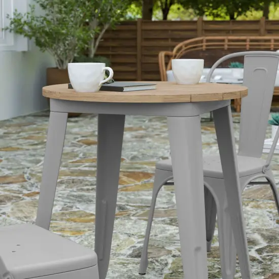 Merrick Lane Dryden Indoor/Outdoor Dining Table, 23.75" Round All Weather Poly Resin Top with Steel Base BrownTop/SilverFrame {6}