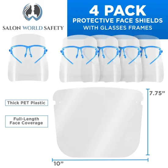 Safety Face Shields with Blue Glasses Frames (Pack of 4) - Ultra Clear Protective Full Face Shields to Protect Eyes Nose Mouth - Anti-Fog PET Plastic {2}