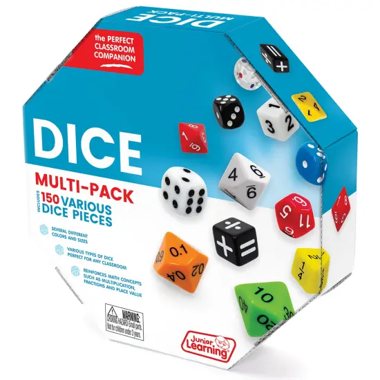 Junior Learning: Dice Multi-Pack - 150 Various Pieces - Multiple Sizes & Values, Math Concepts-Fractions-Equations, Use For Kids Play & Learning Games {7}