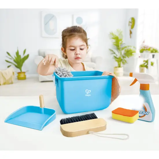 Hape: Scoot-Around Clean Up Bucket Set - 7pc, Yellow & Blue Cleaning Toy Playset, Bucket-Sprayer-Broom-Dustpan-Mop-Sponge-Duster, Pretend Play, Kid 3+ {5}