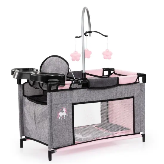 Bayer: Multi-Bed - Grey, Pink, Fairy - Playpen Accessory for Dolls Up to 18", Built-in Highchair & Mobile, Pillow & Blanket, Kids Age 3+ {1}