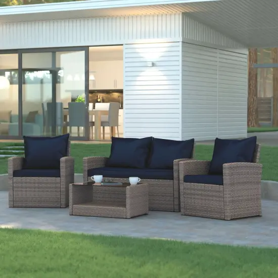 Emma and Oliver 4 Piece Patio Set with Gray Back Pillows & Seat Cushions - Outdoor Seating Navy/LightGrayFrame {1}