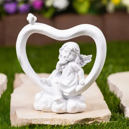 Northlight Cherub Heart with Bird Decoration - 7" - White {1}