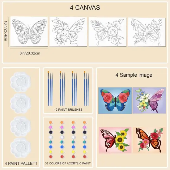 4 Pack Canvas Painting Kit, Butterfly and Flowers Theme Pre Drawn Canvas to Paint 8x10 inch for Adults Paint Party Kit {2}