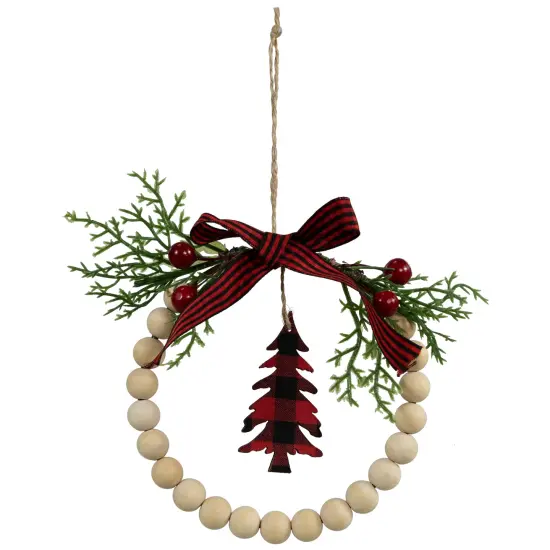 Northlight Buffalo Plaid Tree and Bow Wooden Beaded Christmas Wreath Ornament - 5.5" Ivory {4}