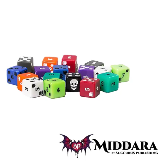 Middara: Act 1 - Extra Dice Pack - 17pc Set, Additional Custom Act 1 Die, Colorful d6 Dice, Etched Designs, RPG Accessories, Base Game Add-On {4}