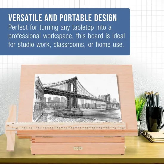 Large 20-1/2" x 16" Adjustable Wood Art Drawing Board - 5 Angles, Beechwood Construction, Pencil Ledge, T-Square, Locking Storage Drawer - Ideal for Design, Drafting & Architecture {5}
