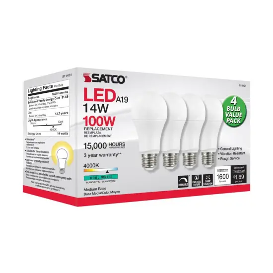 4Pk - Satco 14w 120v A19 LED E26 Base 1600L 4000k Cool White - 100W Equiv {2}