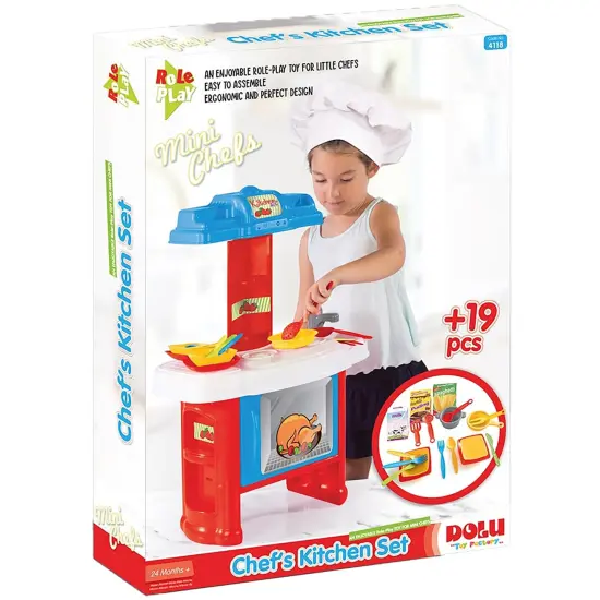 Dolu: Chef's Kitchen Set - Red-Blue-White - 20pc Toy Cooking Center, Stovetop Appliance Pretend Play, Dishes & Food Accessories, Kids & Toddlers 2+ {3}