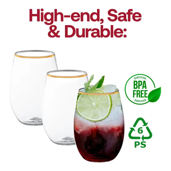 Clear with Gold Elegant Stemless Plastic Wine Glasses - 16 oz. (64 Glasses) {4}