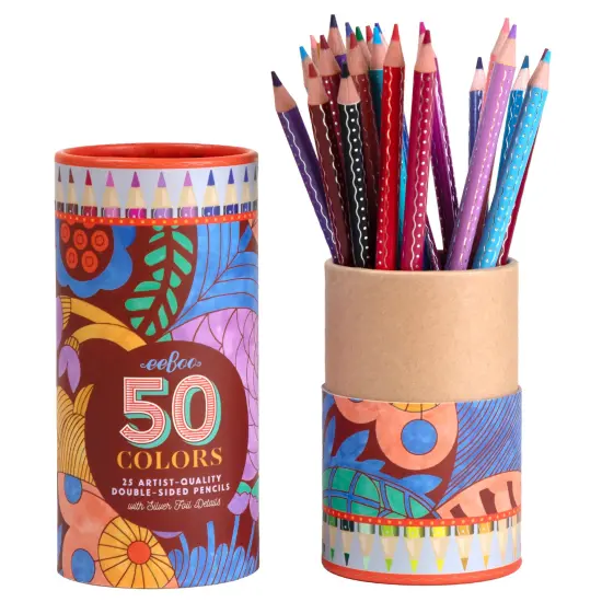 eeBoo Piece & Love: Double-Sided Colored Pencils - Cecilia's - 25pc - 50 Color Set, Silver Foil Design, Floral Storage Tube, Artist-Quality, Adults {1}
