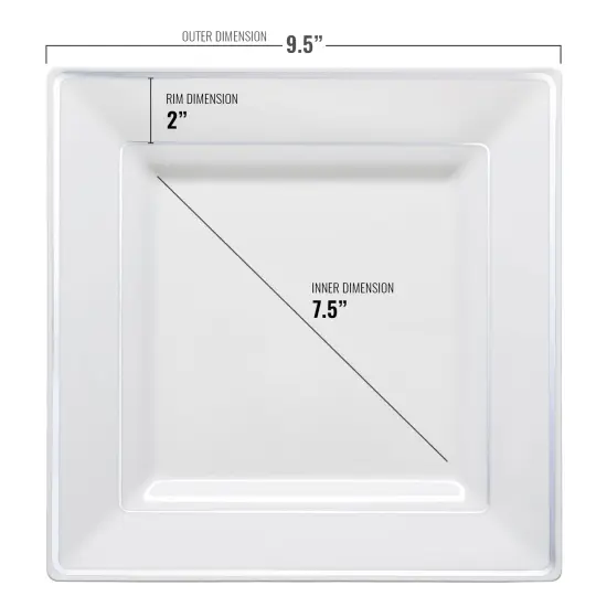 White with Silver Square Edge Rim Plastic Dinner Plates - 9.5" (120 Plates) {3}
