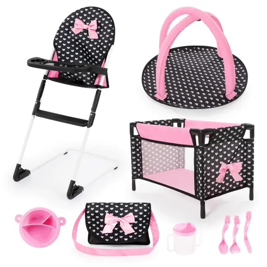 Bayer: Travel 9 Piece Set - Black, Pink, Hearts - Bed, Highchair, Playground & Accessories for Dolls Up to 18", Kids Toy, Ages 3+ {1}