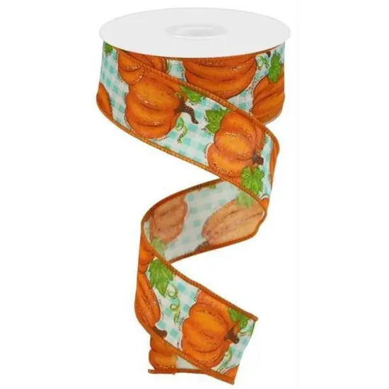 1.5" Pumpkin Patch Ribbon: Turquoise Check (10 Yards) {1}