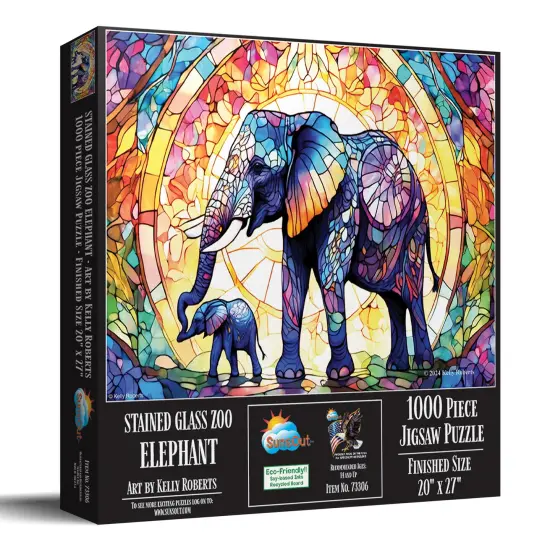 Sunsout Stained Glass Zoo Elephants 1000 pc Jigsaw Puzzle 73306 {3}
