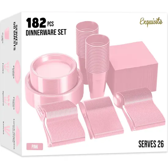 Exquisite 182 Pcs Plastic Plates for Party &ndash; Disposable Plates Set &ndash; 26 Each of 9" Dinner Plates, 7" Dessert Plates, Plastic Cups, Napkins & Plastic Cutlery &ndash; Plastic Dinnerware by Party Solids Pink {1}