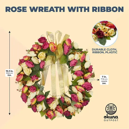 Rose Wreath with Ribbon for Front Door, Valentine Decor (13.3 in, Pink, Yellow) {2}