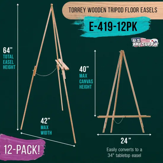 64" Wooden Easel Stand (12 Pack) - Adjustable A-Frame Tripod for Painting, Drawing, Photos & Signs - Lightweight Easels, Wood Easel Stand for Sign Wedding Display 40" Canvas Capacity {2}