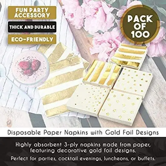 BLUE PANDA 100 Pack White & Gold Disposable Floral Paper Napkins, 5x5 Inches, Decorative Napkins for Wedding Reception, Birthday, Anniversary {3}