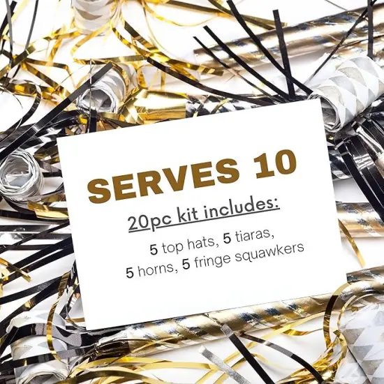 4E's Novelty New Year&rsquo;s Eve Party Supplies 2025 Kit for 10 &ndash; 5 Black Top Hats, 5 Glitter Tiaras, 5 Party Horns & 5 Fringe Noise Makers &ndash; Gold & Silver NYE Accessories for Countdown Party & Photo Props {2}