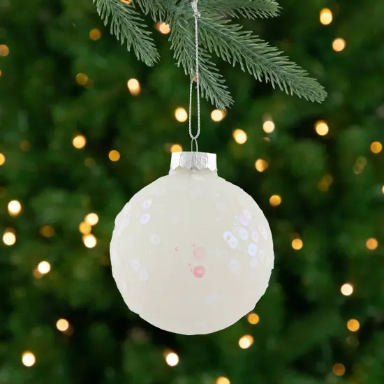 Northlight Frosted Sequined Christmas Ball Glass Ornaments - 2.75" (70mm) - White - 4ct {1}