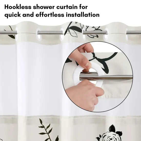 Americanflat 72x75 Hookless Shower Curtain - Floral Cream and Black Shower Curtain with Sheer Panel, Snap-In Liner, and Grommets - 100% Polyester {3}