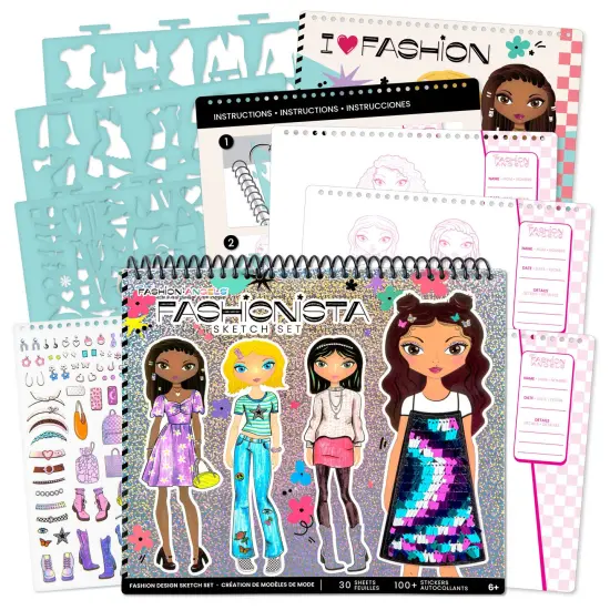 Fashion Angels: Sketch Portfolio Set - Fashionista - Fashion Outfit Design Pad, 4 Stencil Sheets, 100+ Holographic Foil Stickers, Girls-Tweens-Kids 6+ {1}