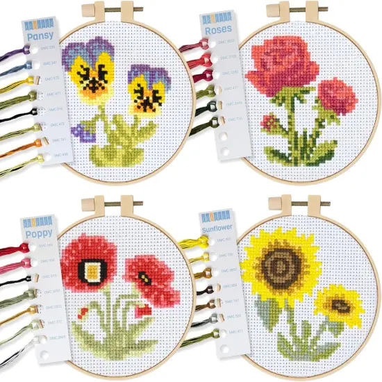 Cross Stitch Kits for Beginners (Flower Theme - 6.75 Inch - 4 Pack 1 x Embroidery Hoop) DIY Embroidery Needlepoint Patterns for Adults {1}