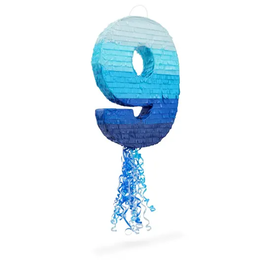 Number 9 Pull String Pinata for Boys 9th Birthday Party, Ombre Blue (16.5 x 11.35 x 3 in) {1}