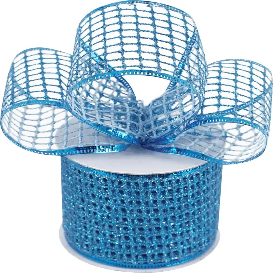 Blue Mesh Netting Ribbon - 2.5 Inch Sparkling Glamour Netted Turquoise Wired Mesh Ribbon {3}