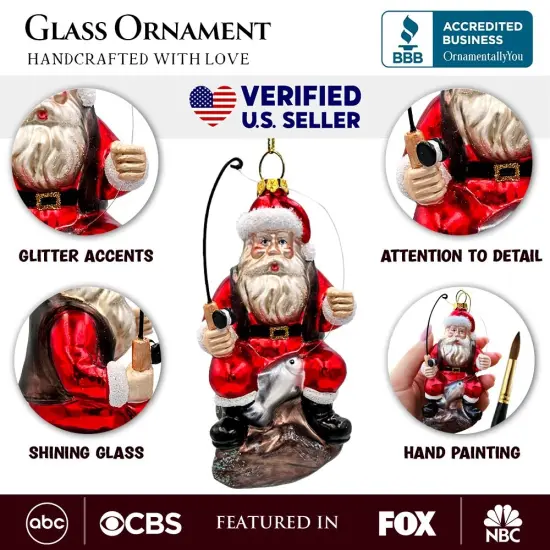 Relaxing Santa Claus Fishing Ornament, Hand Blown Glass Fisherman Gift Decor {3}
