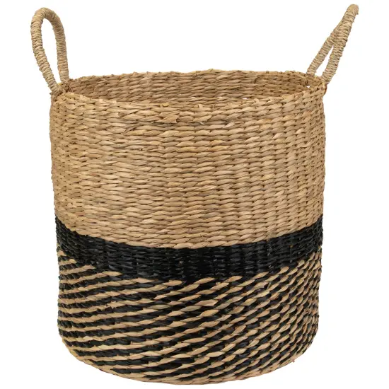 Northlight Woven Table and Floor Cylindrical Seagrass Baskets - Black and Beige - Set of 3 {4}