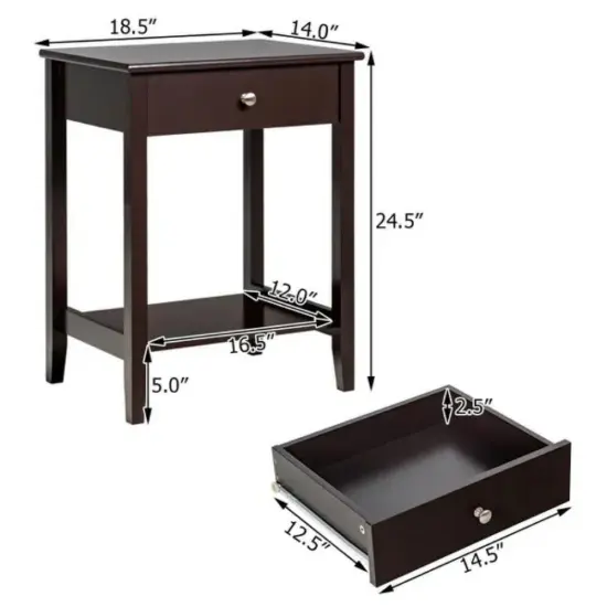 2-Tier Wooden Storage Display Nightstand End Table with 1 Drawer and Metal Handle Brown {3}