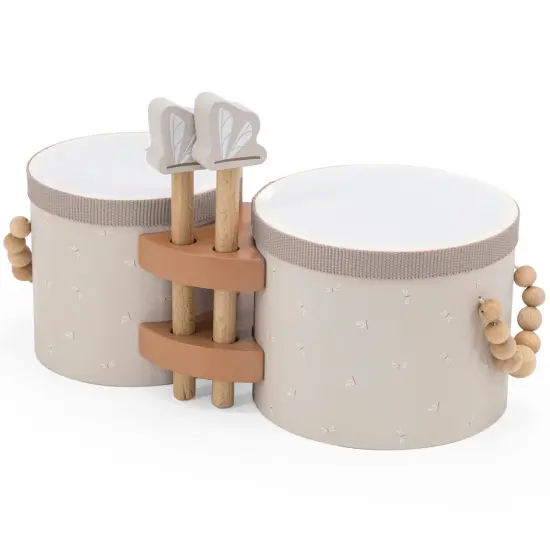 Label Label: Wooden Bongos - Tan - Musical Instrument Toy, 2 Dragonfly-Shaped Drum Sticks, Carry Handles, Develops Creativity, Toddler & Kids Ages 2+ {1}