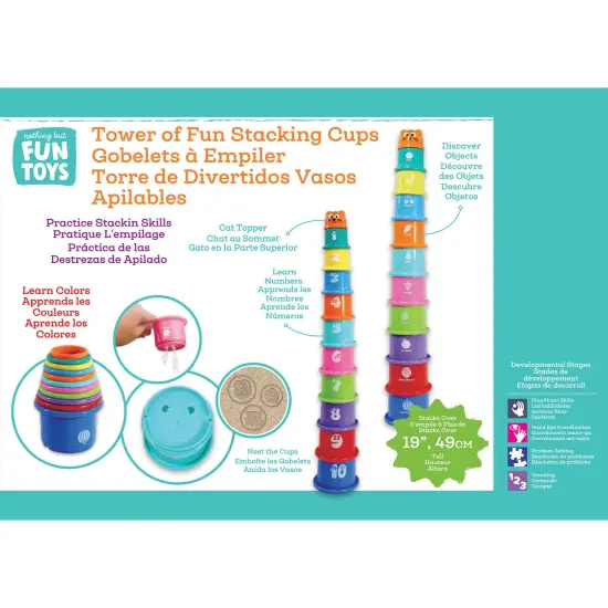 Nothing But Fun Toys: Tower Of Fun Stacking Cups - 10pc w/ Cat Topper, Number Stacking, Learn Object & Colors, Water-Free Play, Baby-Toddler-Kids 6mo+ {4}