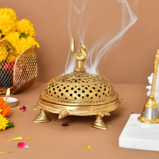 Brass Peacock Incense Dhoop Burner Aroma for Prayer Puja Meditation Spiritual Events Dhoopam for Havan Rituals - Diwali Decoration Loban Dhoop Dani for Temple Home Office (4.7x5.1 Inches) {6}