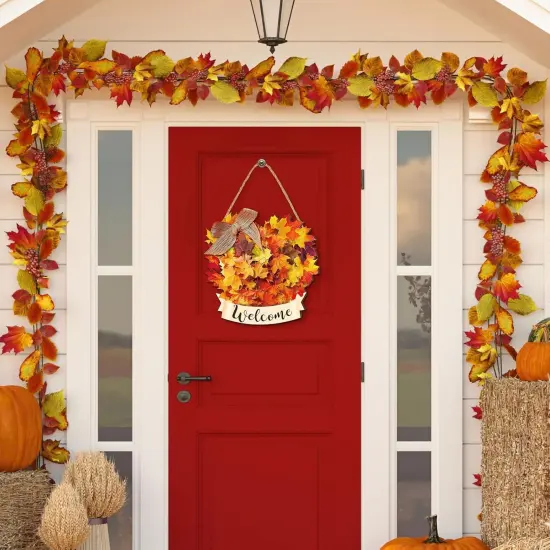 Fall Welcome Door Sign Maple Leaves (Wood) {4}
