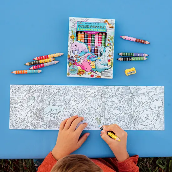 eeBoo: Biggies Color Pencils: Under The Seas - 8 Double-Sided Chunky Pencils & Mini Ocean Coloring Mural, Shiny Foil Accents, Sharpener, Kids Age 3+ {4}