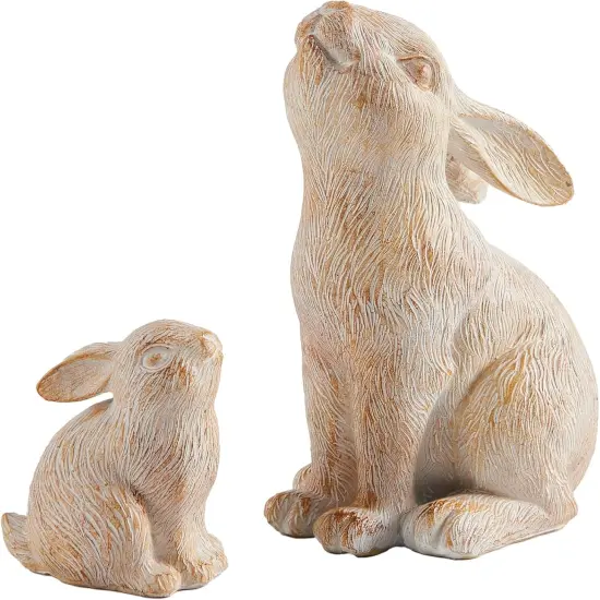 Set of 2 Easter Bunny Figurines, White and Khaki Resin Rabbit Statue, Rabbit Figurines for Spring, Bunny Decorations Easter Ornaments for Home Shelf Coffee Table Decor Gift {1}