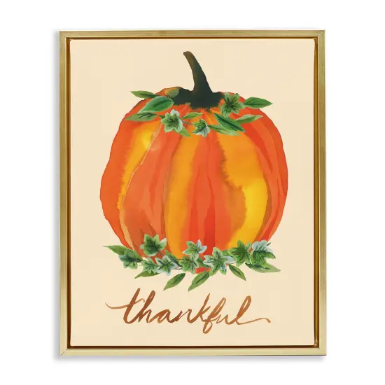 Thankful Orange Pumpkin Leaf Botanicals Autumn Plants Floating Frame Canvas Art Gold {1}