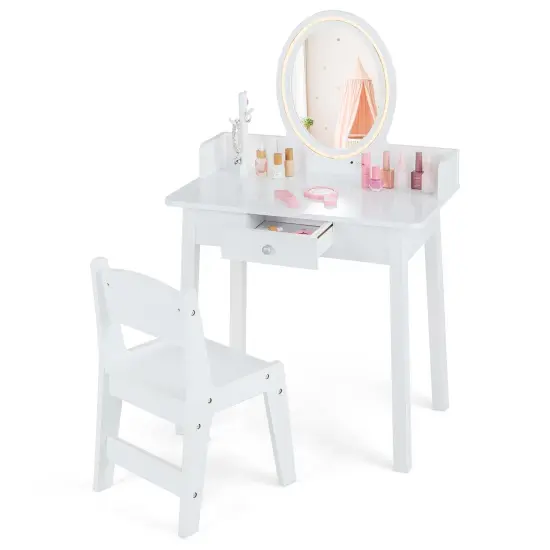 Costway Kids Vanity Set with Lighted Mirror Chair 2-Color LED Lighting for Girls Makeup White/Pink {7}